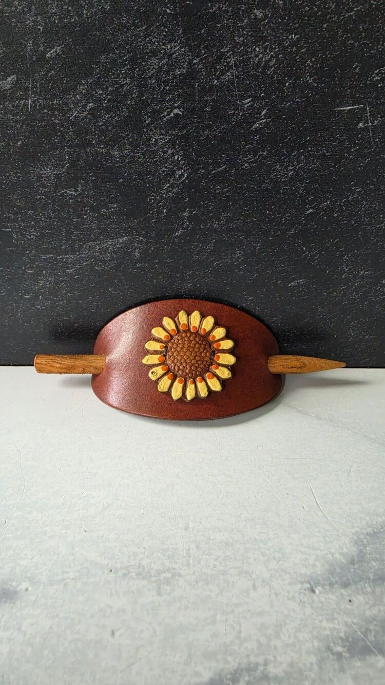 Sunflower Leather And Wooden Hair Slide With Wooden Stick Vintage